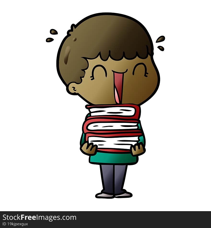 laughing cartoon man holding stack of books. laughing cartoon man holding stack of books