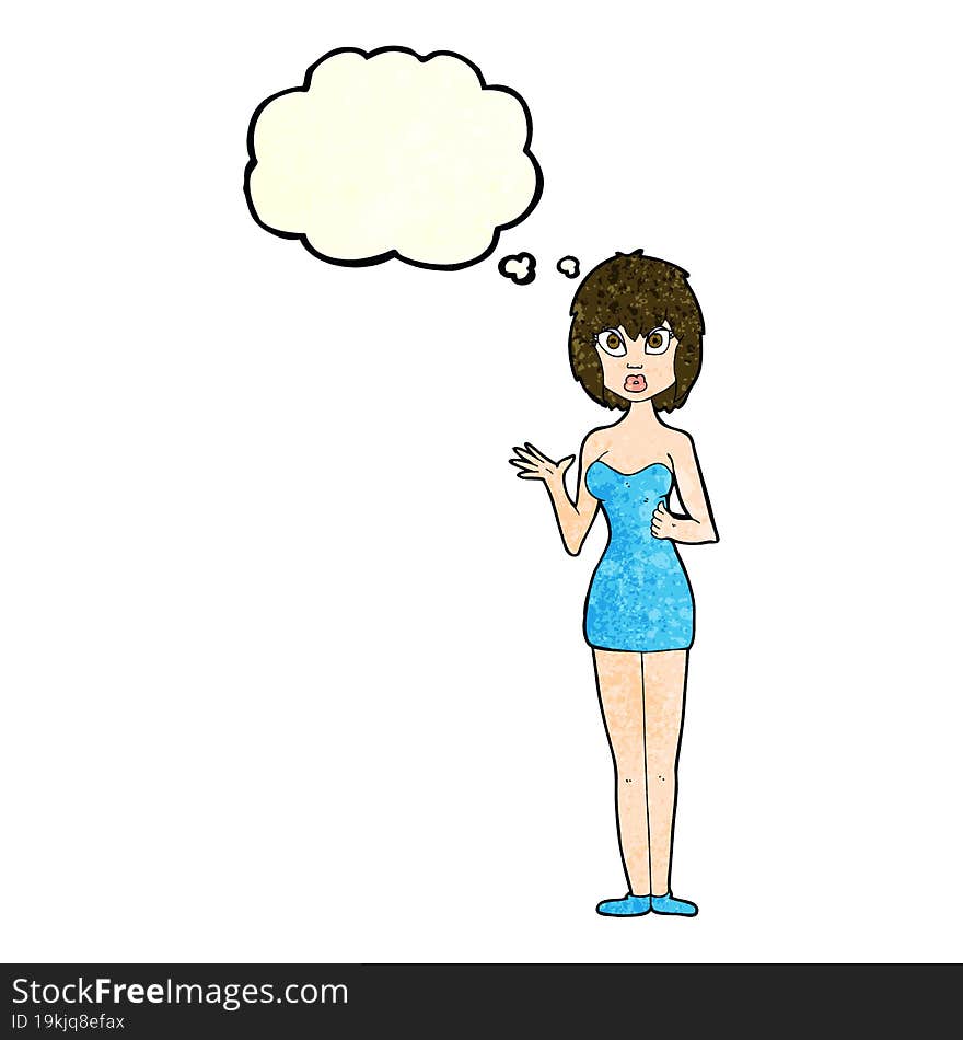 cartoon confused woman in cocktail dress with thought bubble