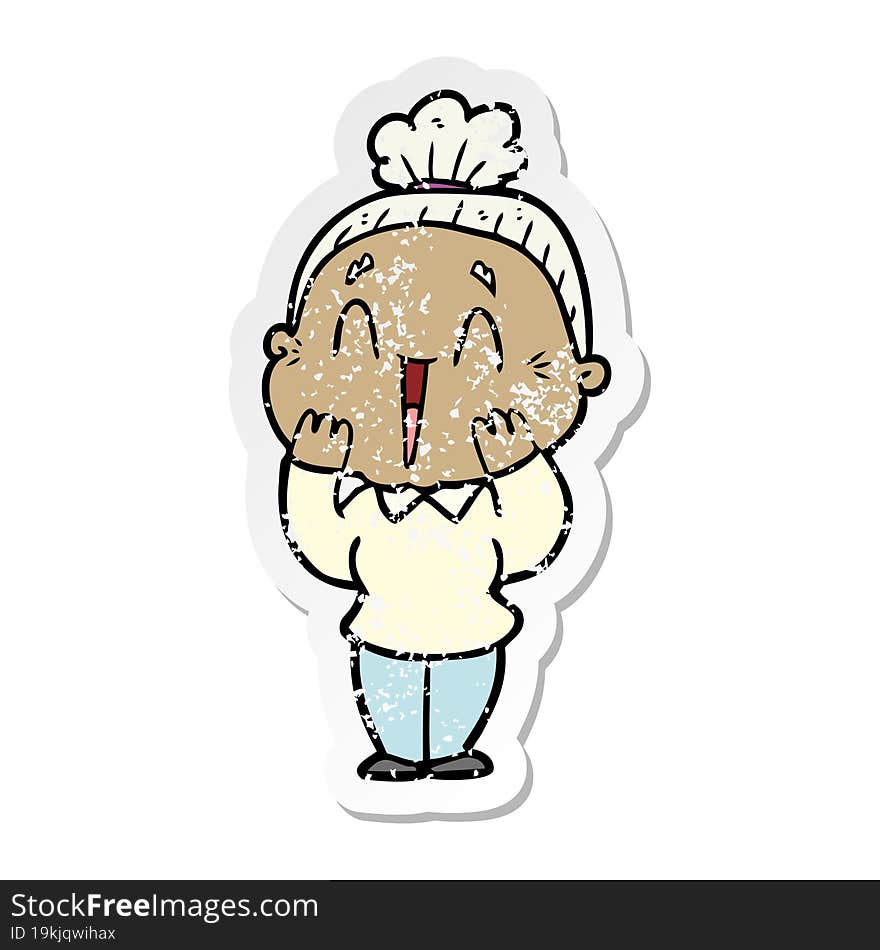 Distressed Sticker Of A Cartoon Happy Old Lady