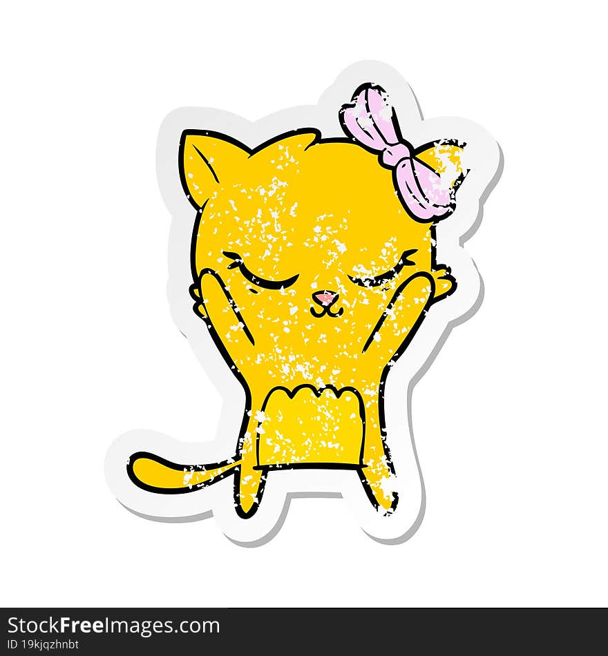 distressed sticker of a cute cartoon cat with bow