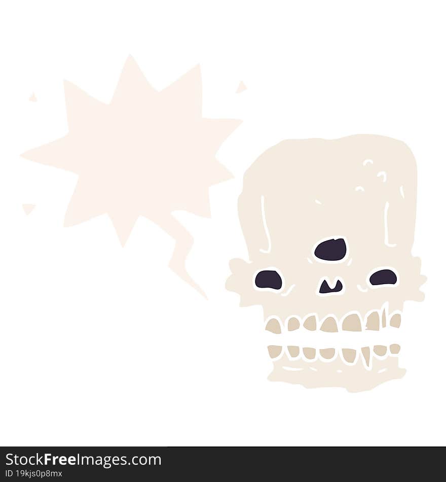 cartoon spooky skull and speech bubble in retro style