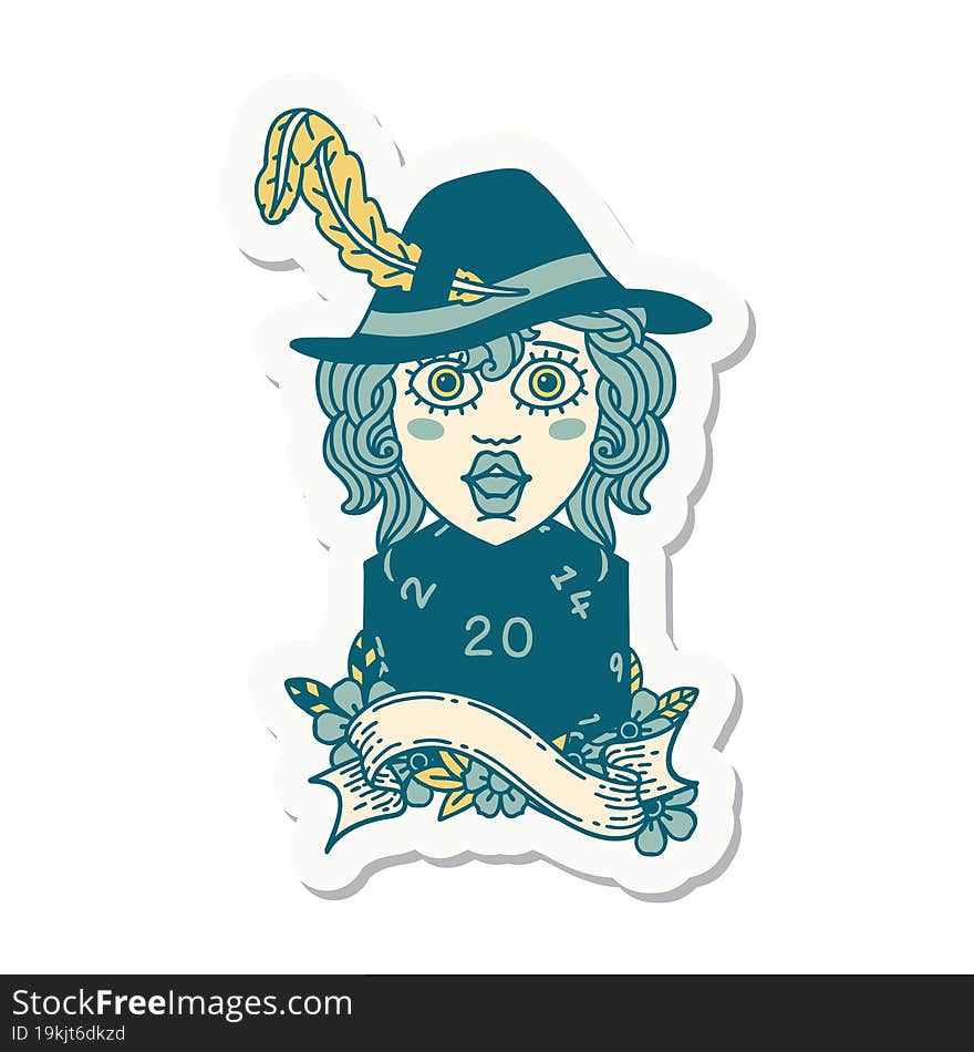 sticker of a human bard with natural 20 dice roll. sticker of a human bard with natural 20 dice roll