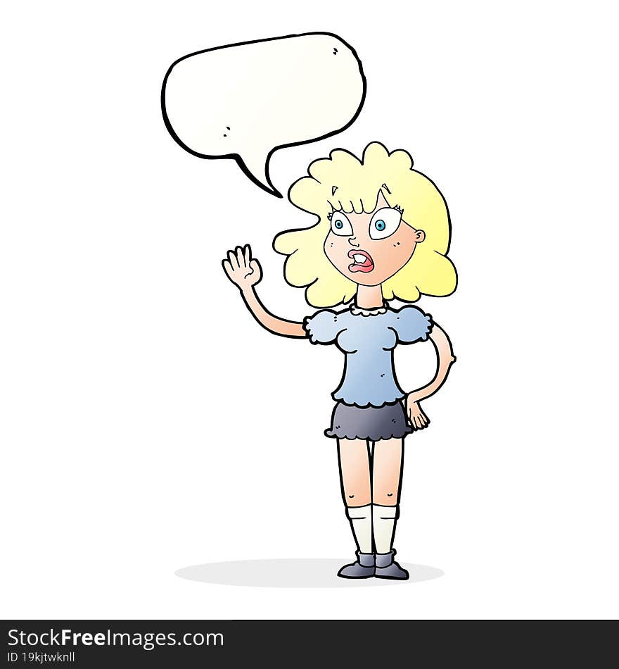 Cartoon Worried Woman Waving With Speech Bubble