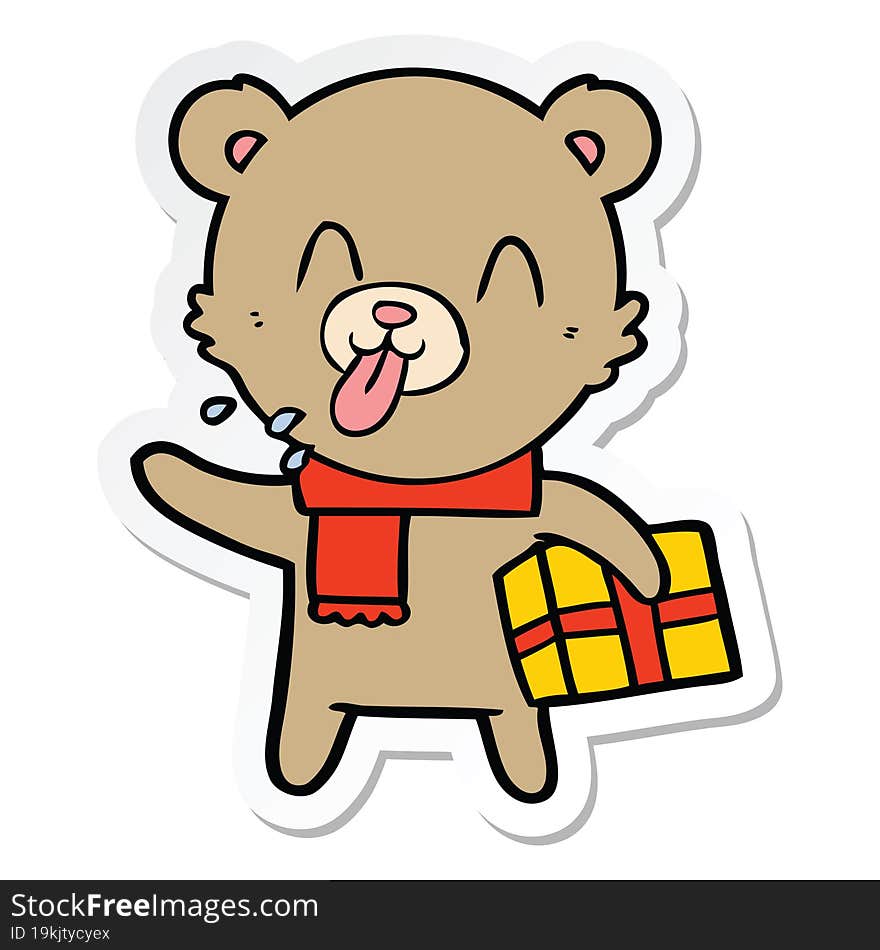 sticker of a rude cartoon bear with present