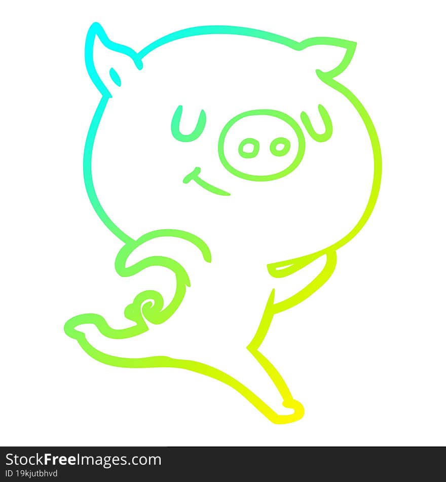 cold gradient line drawing of a happy cartoon pig running