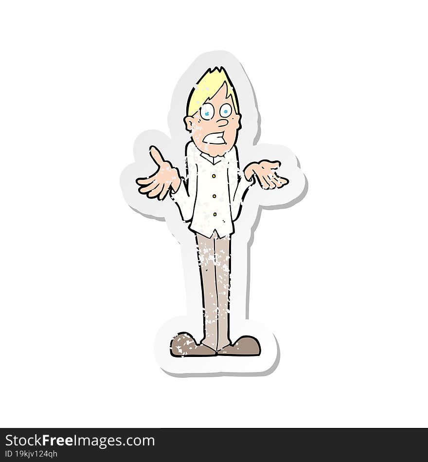 Retro Distressed Sticker Of A Cartoon Man Shrugging Shoulders