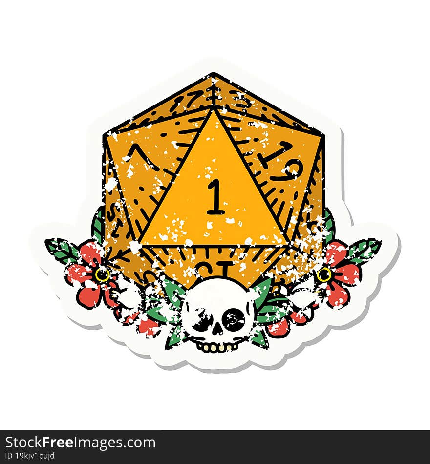 natural one dice roll with floral elements grunge sticker