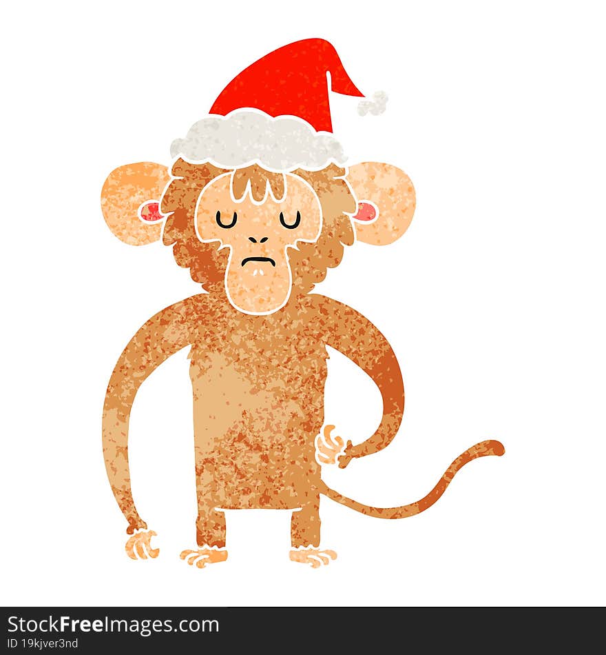 hand drawn retro cartoon of a monkey scratching wearing santa hat