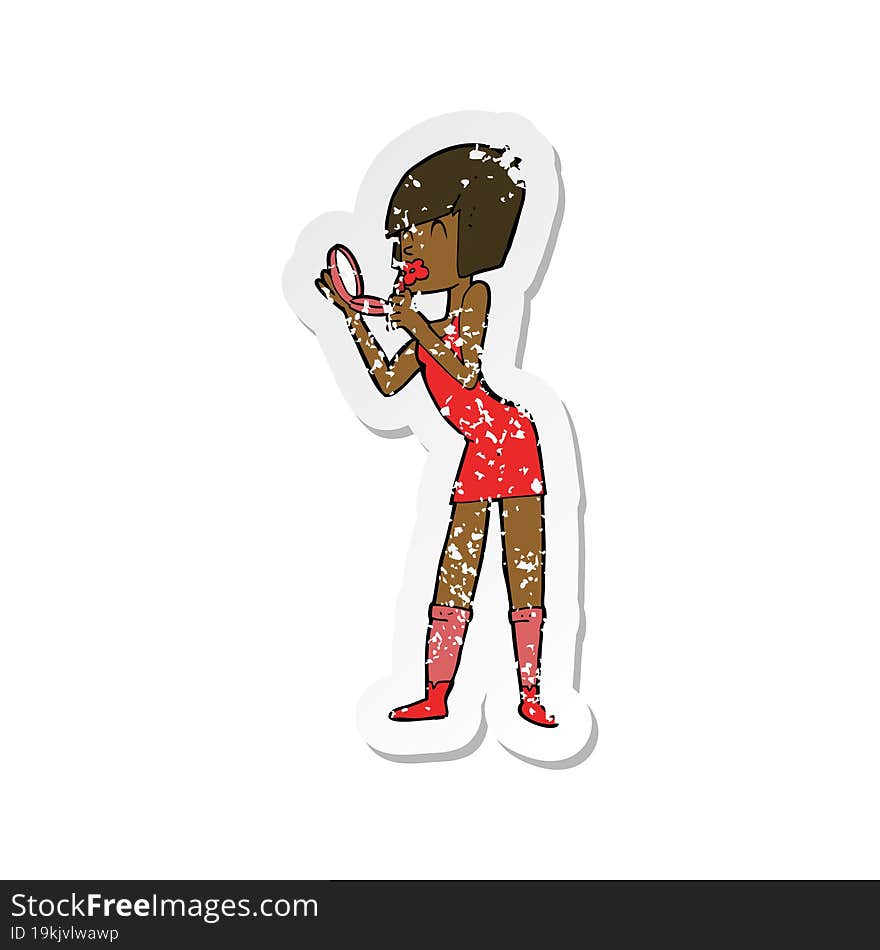 retro distressed sticker of a cartoon woman applying lipstick