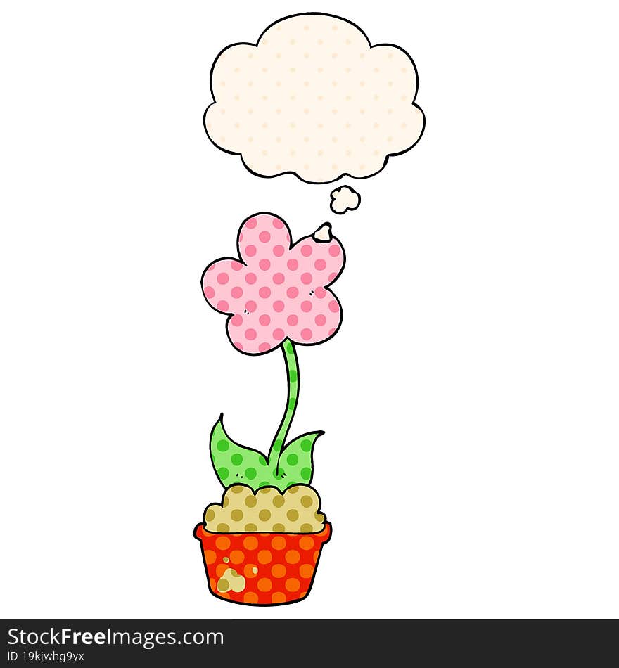 cute cartoon flower and thought bubble in comic book style