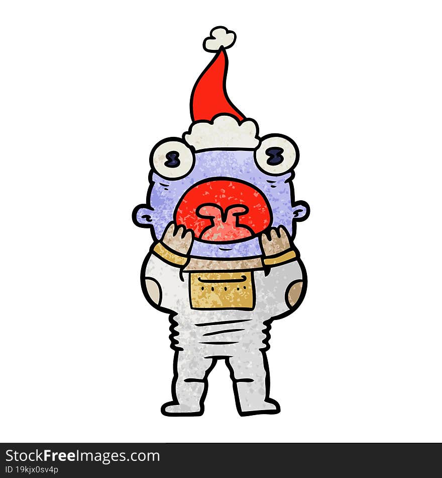 hand drawn textured cartoon of a alien gasping in surprise wearing santa hat