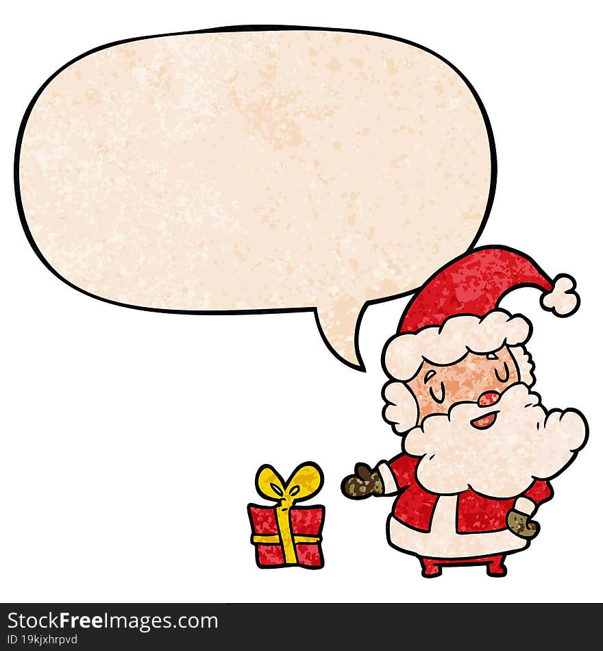 cartoon santa claus with present with speech bubble in retro texture style. cartoon santa claus with present with speech bubble in retro texture style