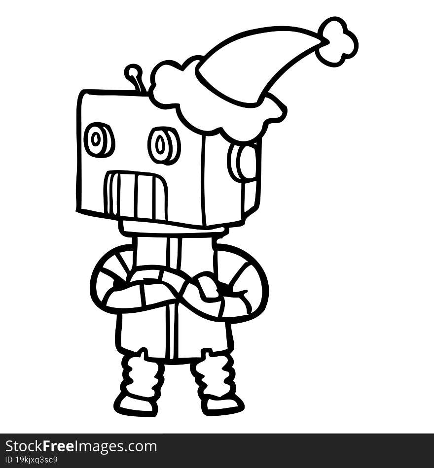 line drawing of a robot wearing santa hat