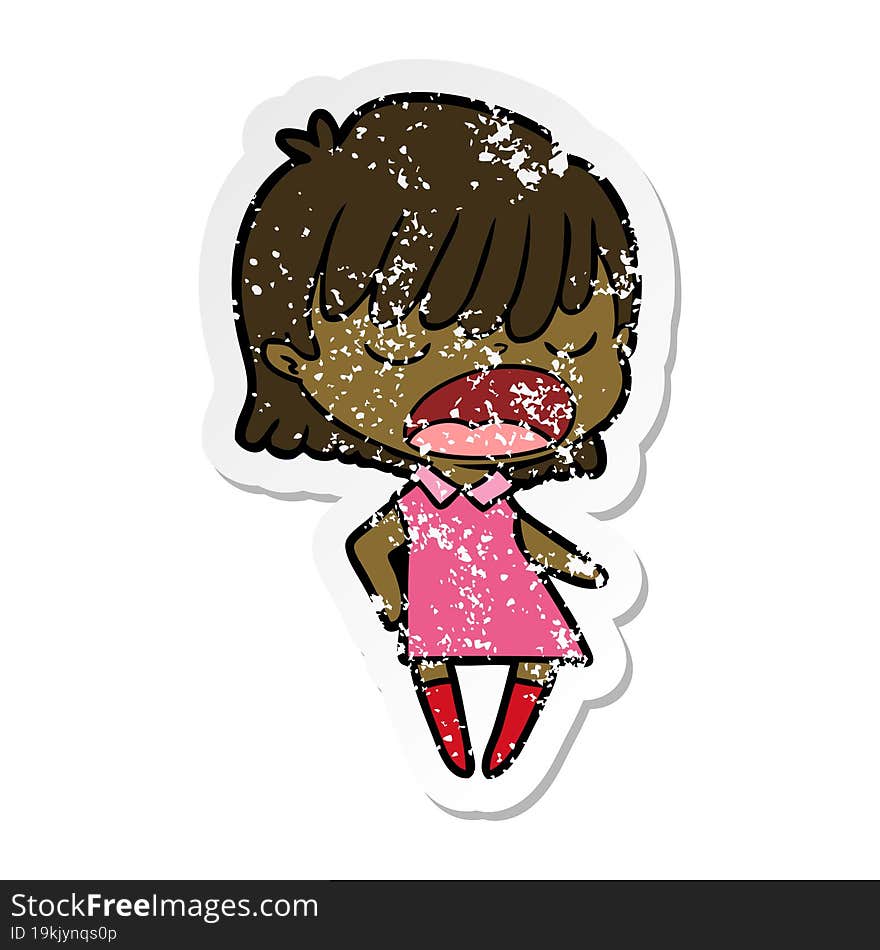 distressed sticker of a cartoon woman talking loudly