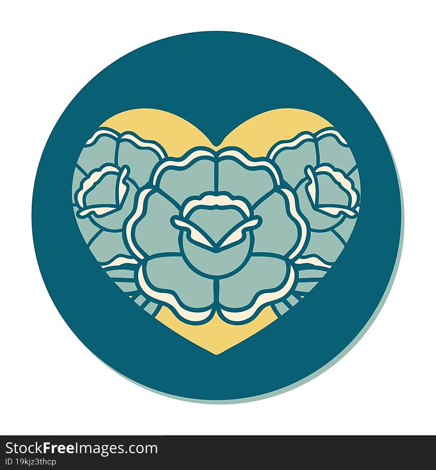 sticker of tattoo in traditional style of a heart and flowers. sticker of tattoo in traditional style of a heart and flowers