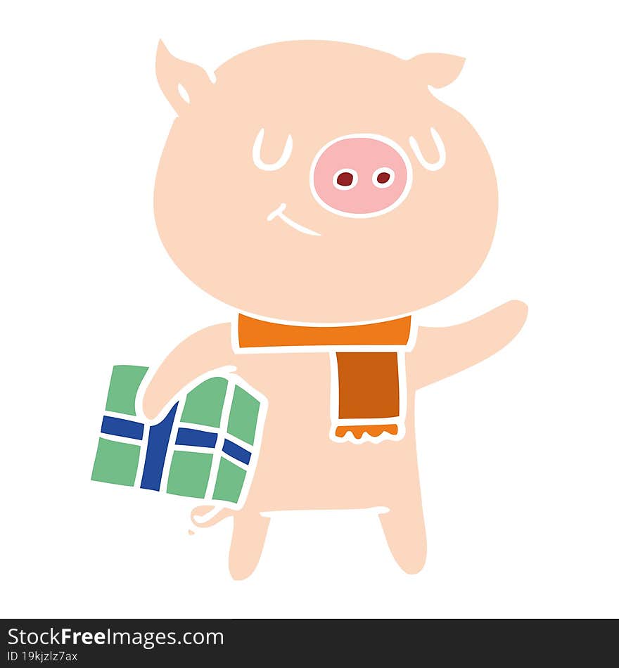 happy flat color style cartoon pig with christmas present