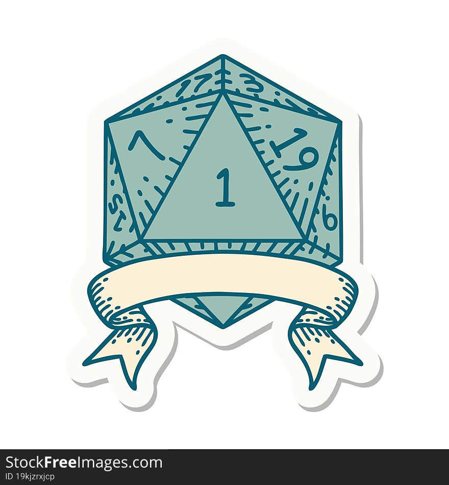 sticker of a natural one d20 dice roll. sticker of a natural one d20 dice roll