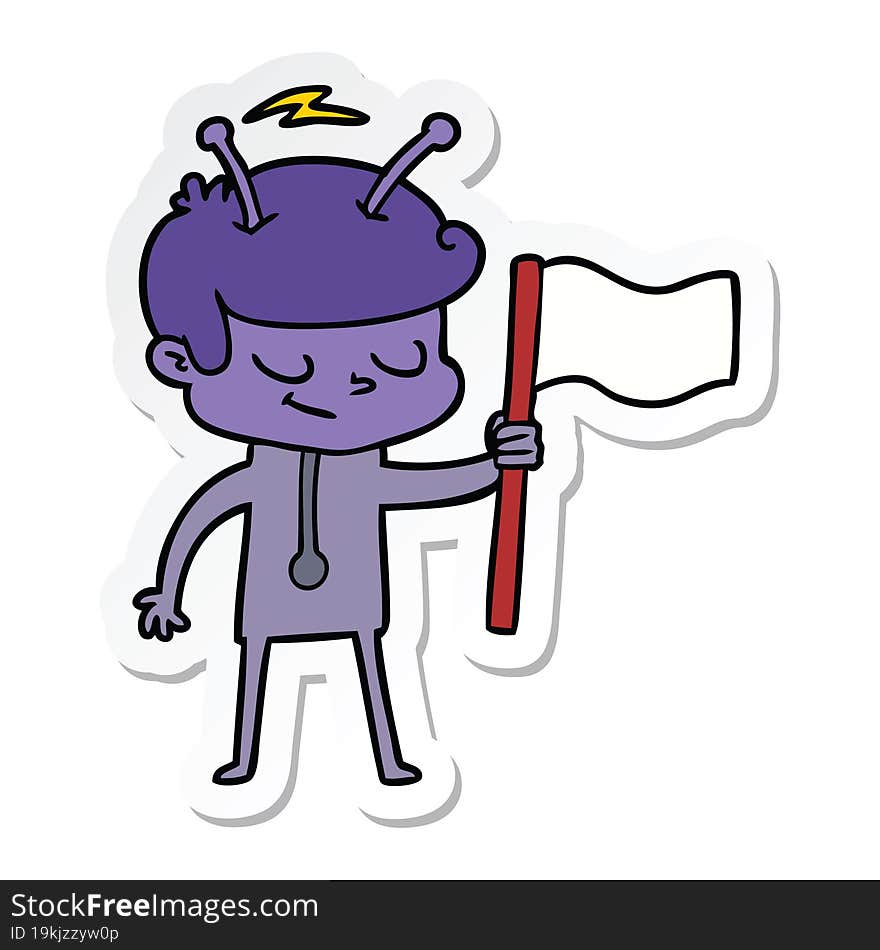 sticker of a friendly cartoon spaceman with white flag