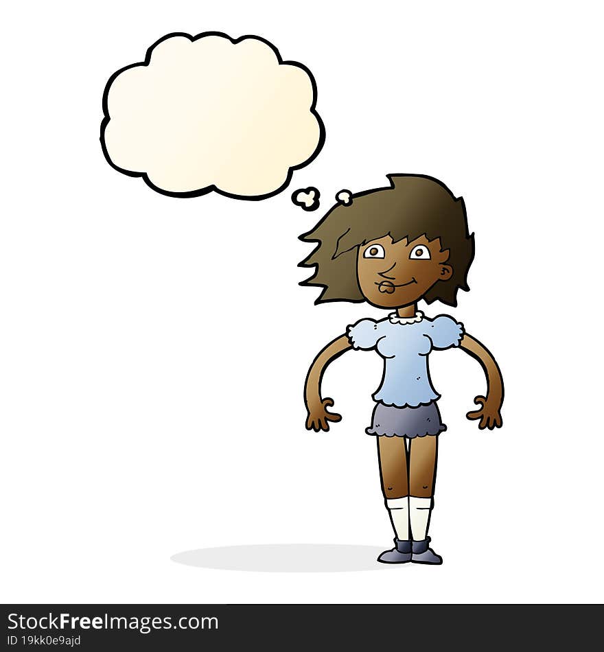 cartoon happy woman with thought bubble