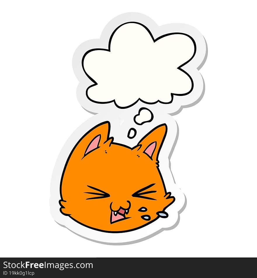 spitting cartoon cat face and thought bubble as a printed sticker