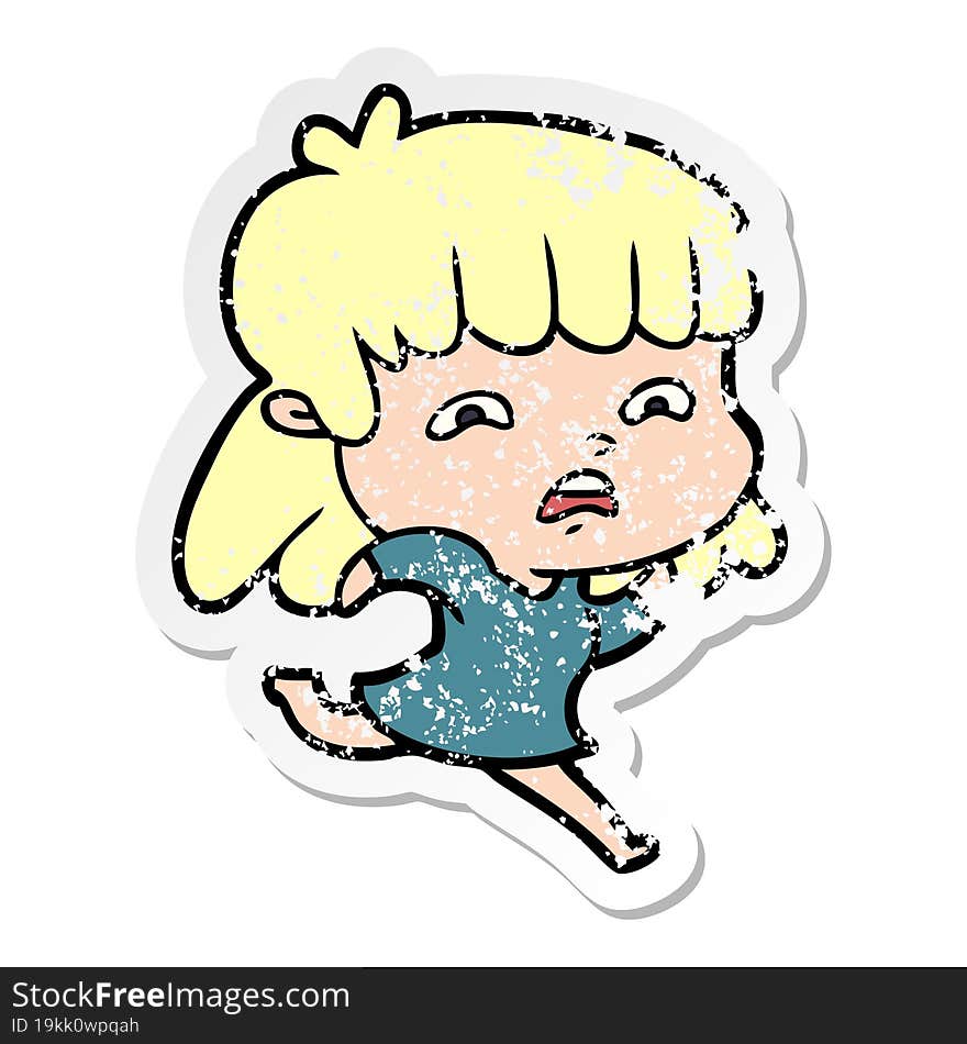 Distressed Sticker Of A Cartoon Worried Woman