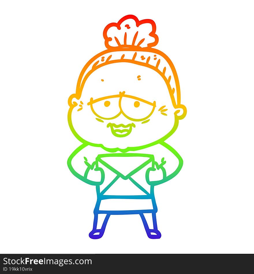 rainbow gradient line drawing of a cartoon happy old lady