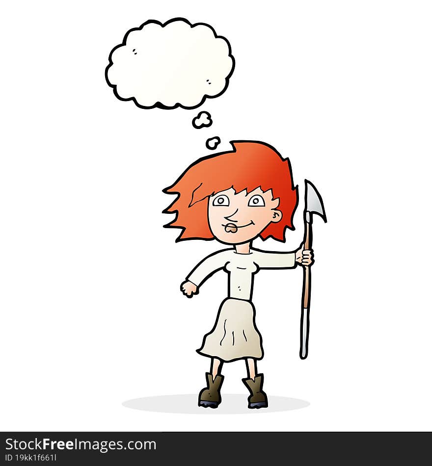 cartoon woman with spear with thought bubble