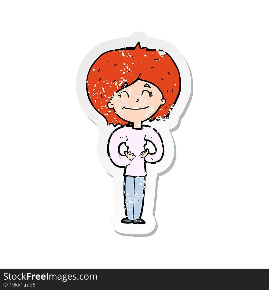 retro distressed sticker of a cartoon happy woman