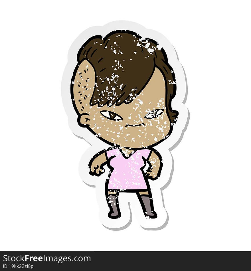 distressed sticker of a cute cartoon girl with hipster haircut