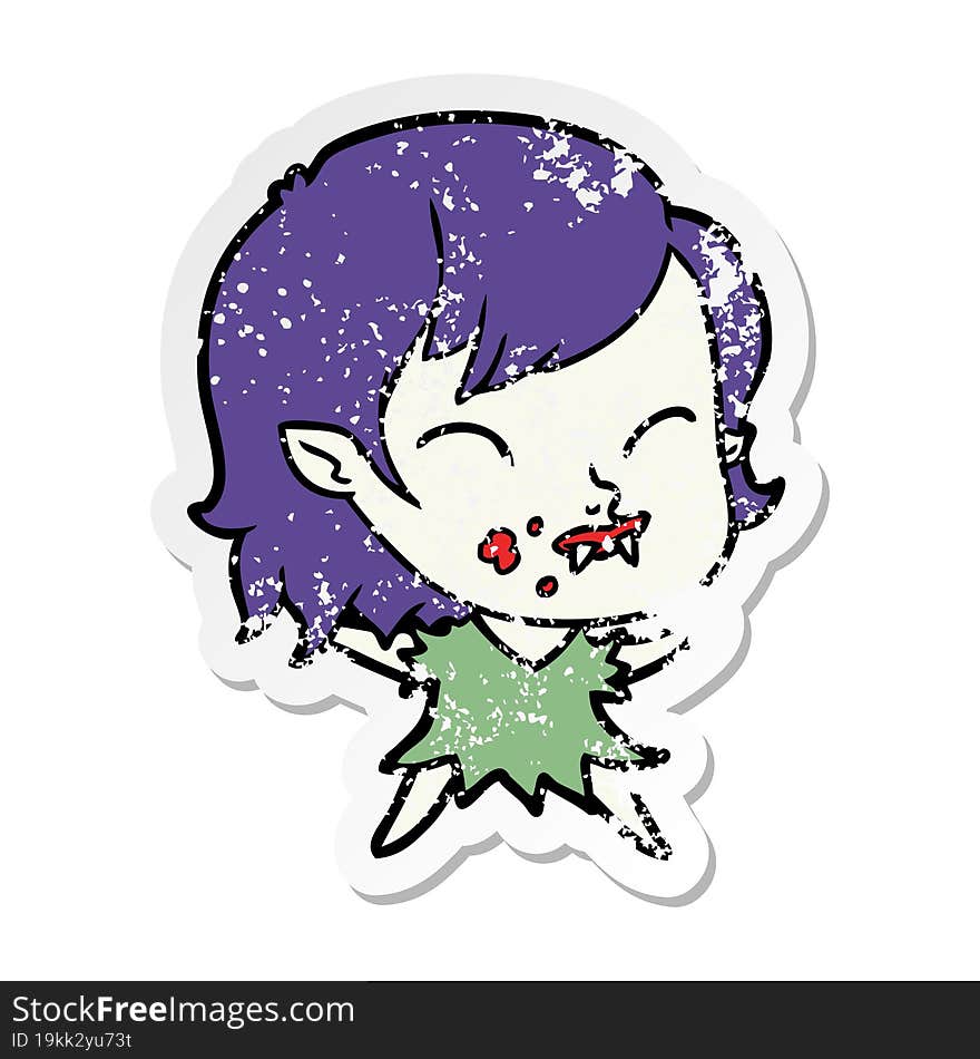 Distressed Sticker Of A Cartoon Vampire Girl With Blood On Cheek