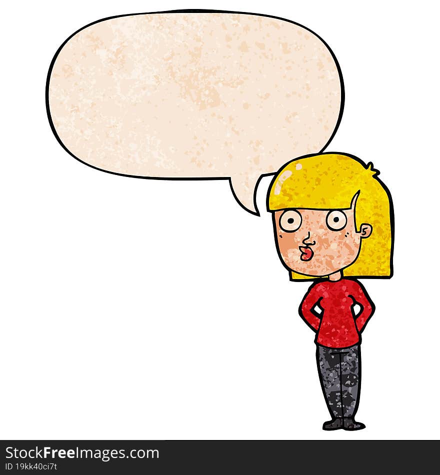 cartoon woman staring with speech bubble in retro texture style