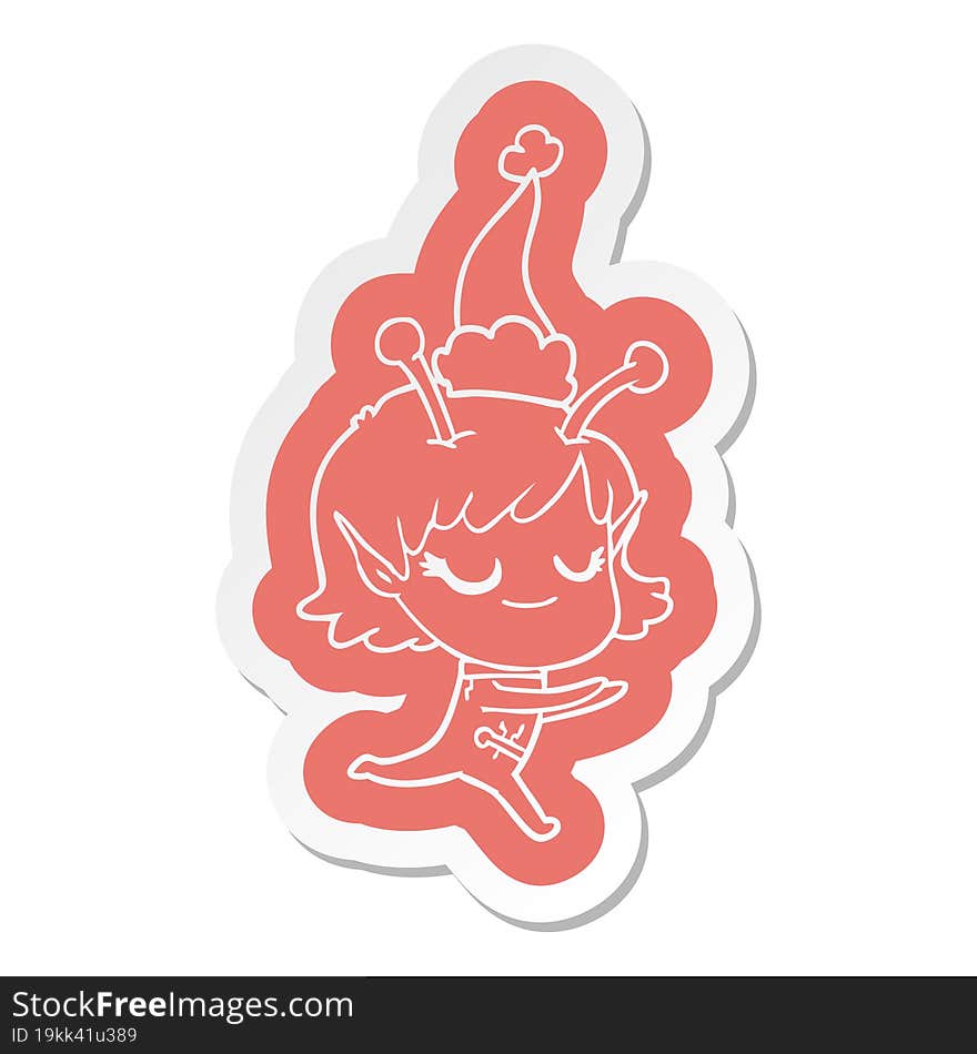 smiling alien girl cartoon  sticker of a running wearing santa hat