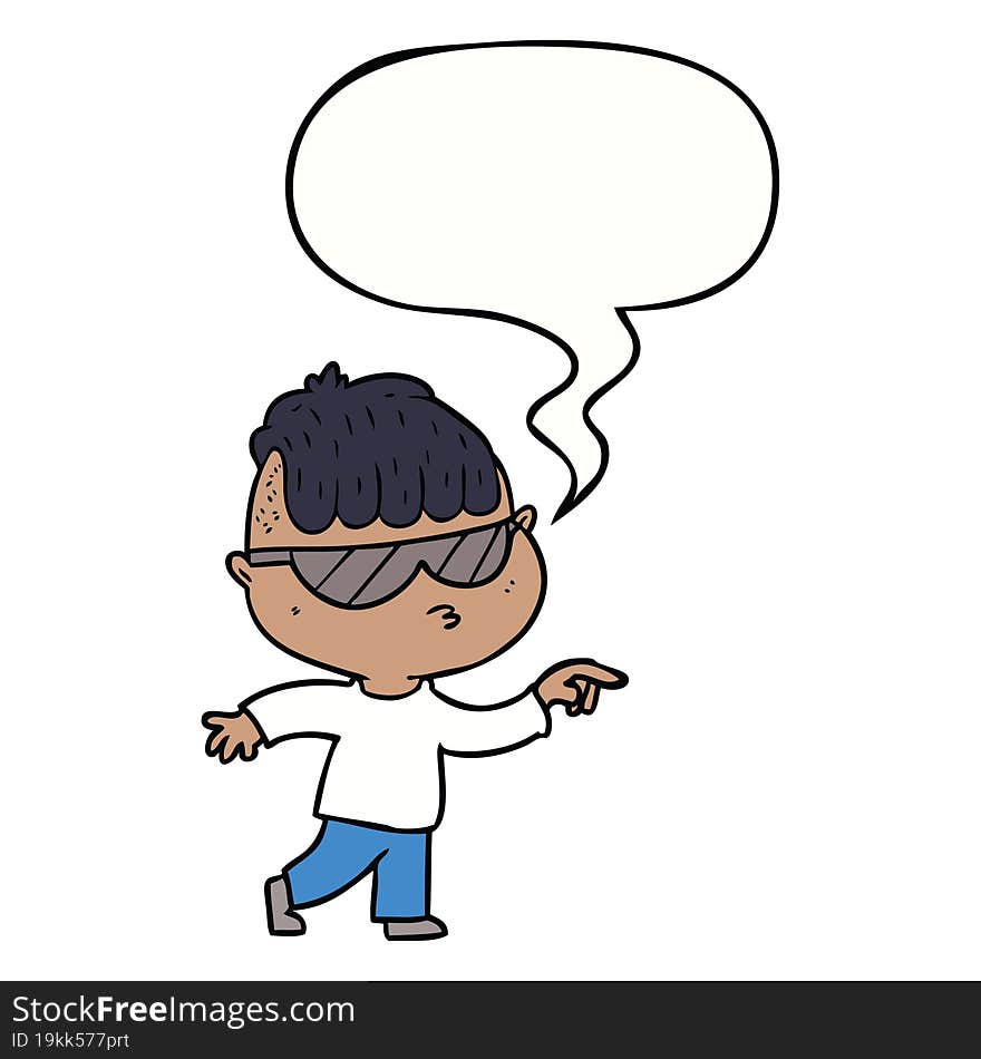 cartoon boy wearing sunglasses pointing and speech bubble