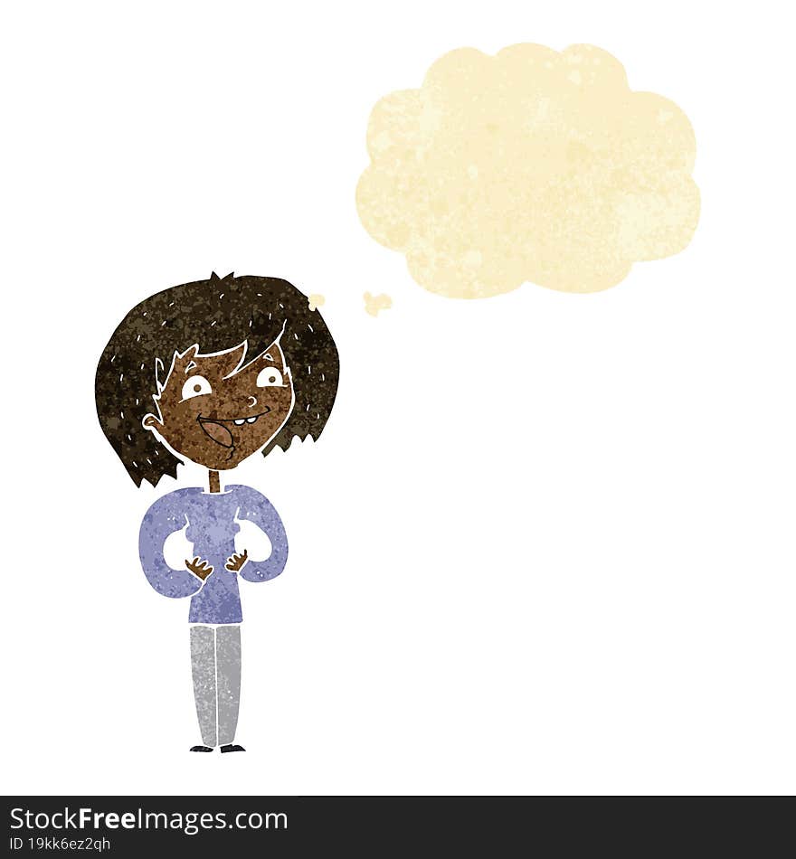 cartoon excited woman with thought bubble