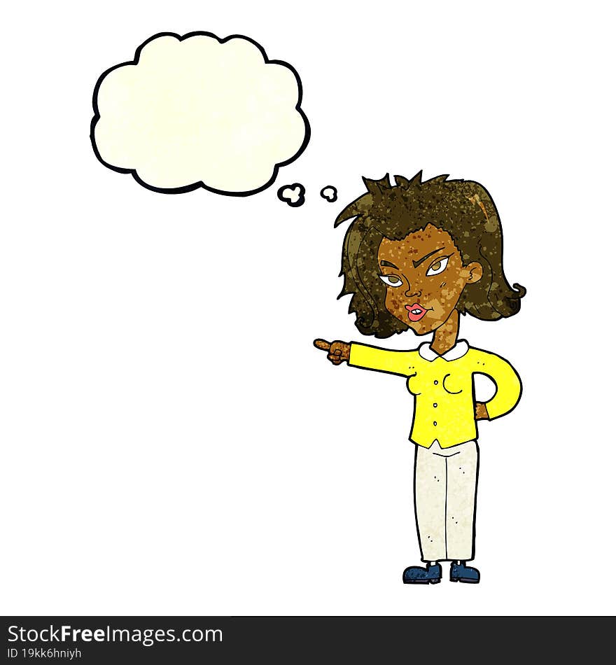 cartoon woman pointing with thought bubble