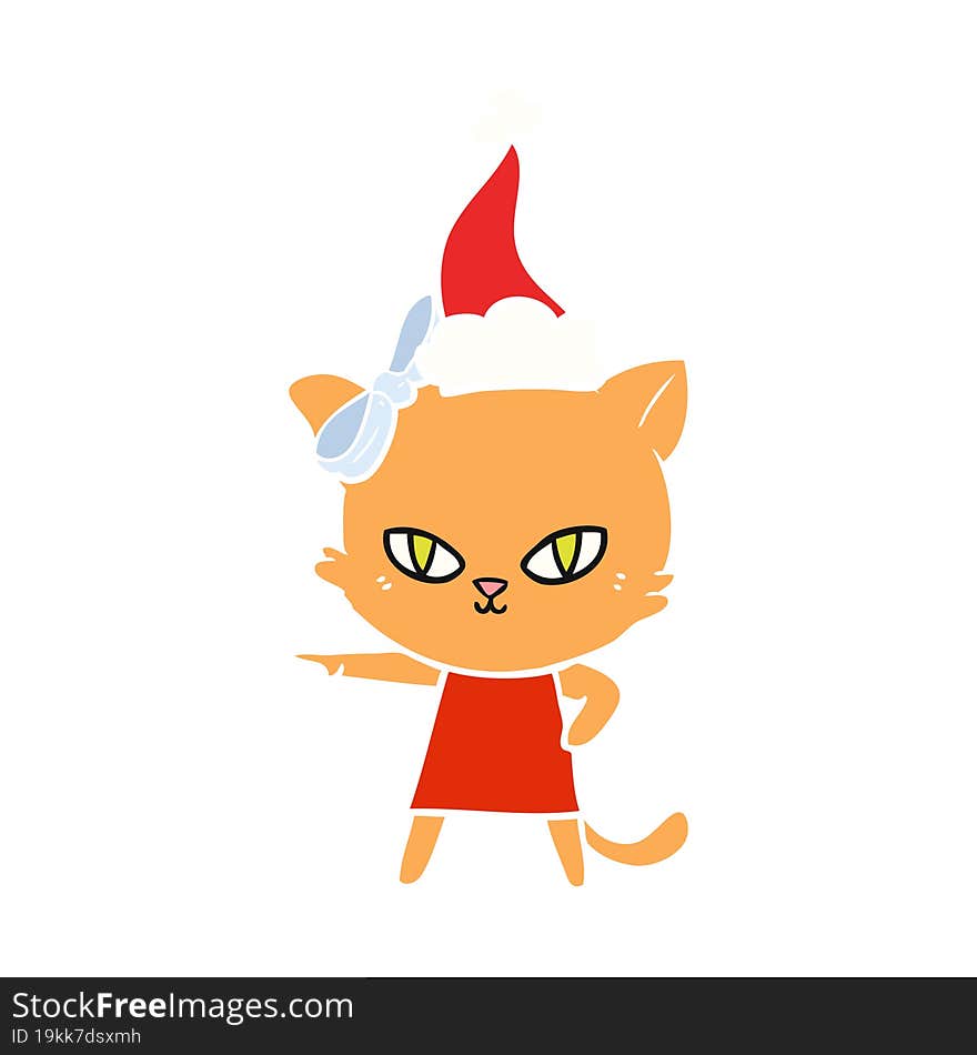 cute flat color illustration of a cat wearing dress wearing santa hat