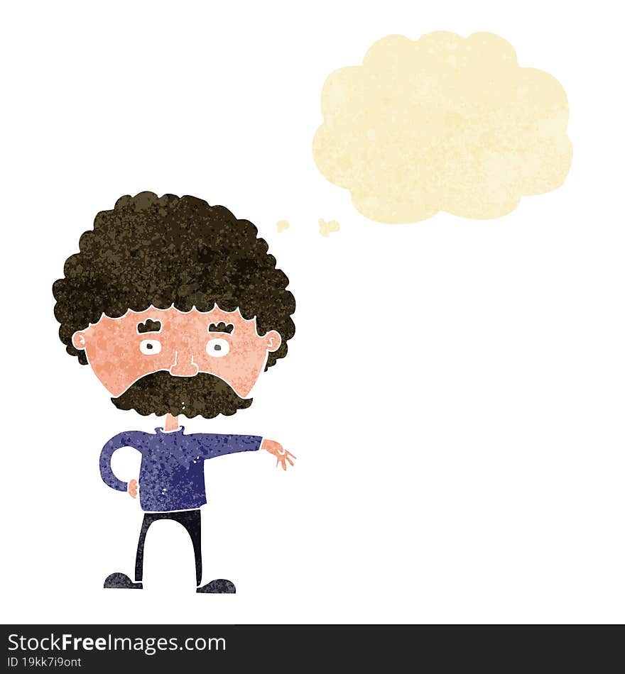 cartoon man with mustache making camp gesture with thought bubble