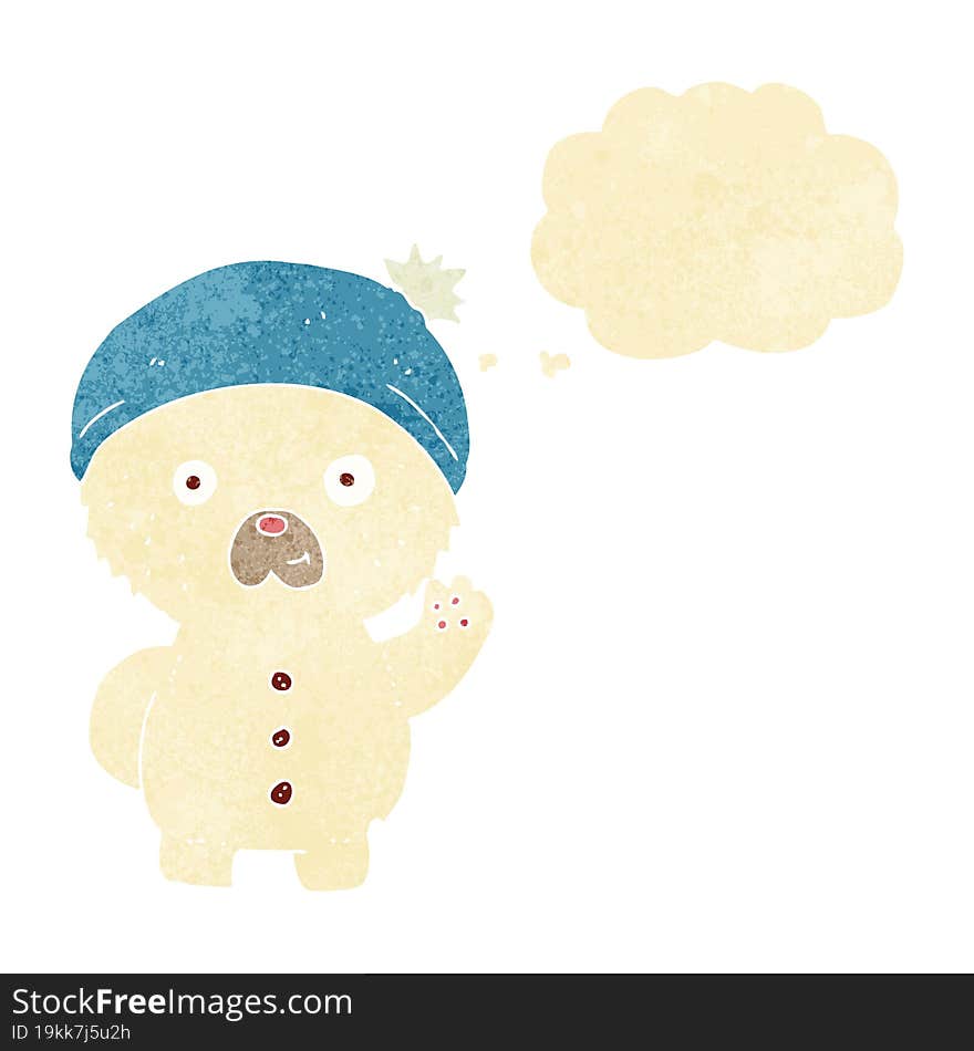 cartoon waving polar teddy bear in winter hat with thought bubble