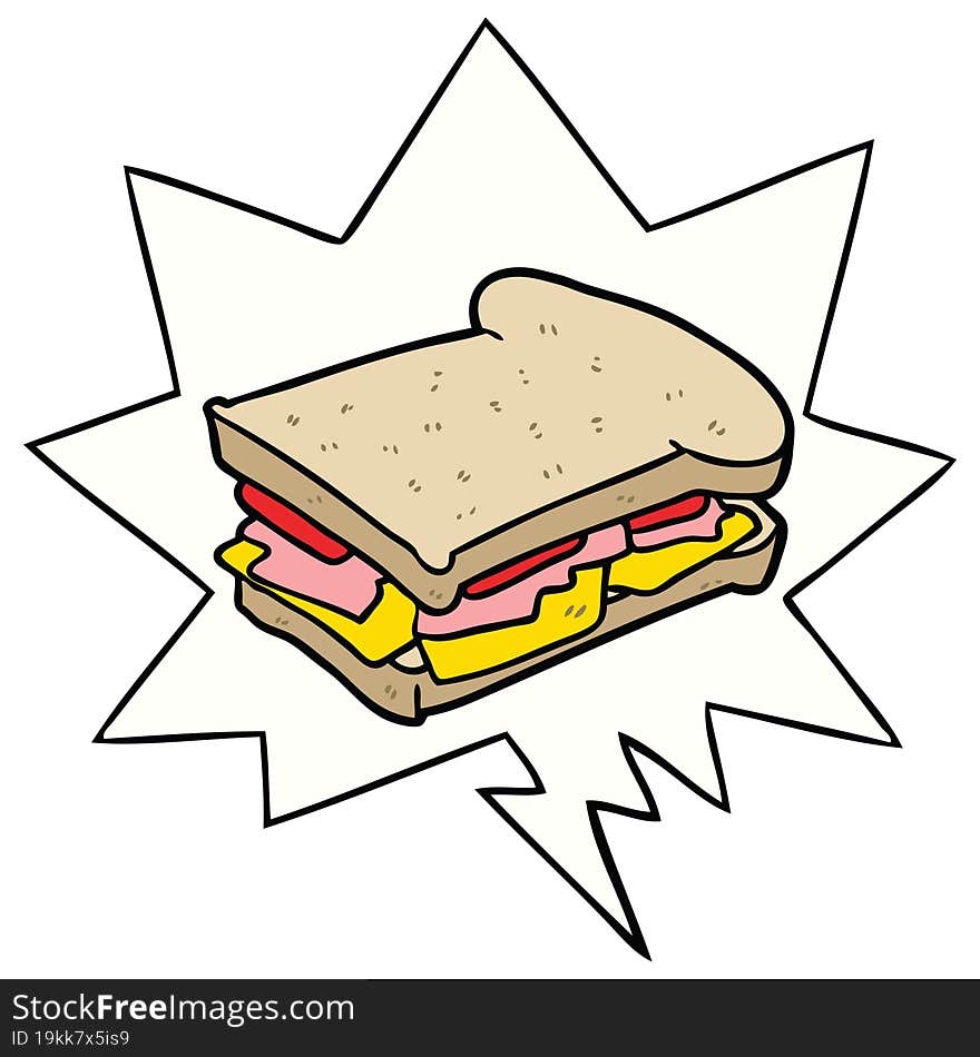 cartoon ham cheese tomato sandwich and speech bubble