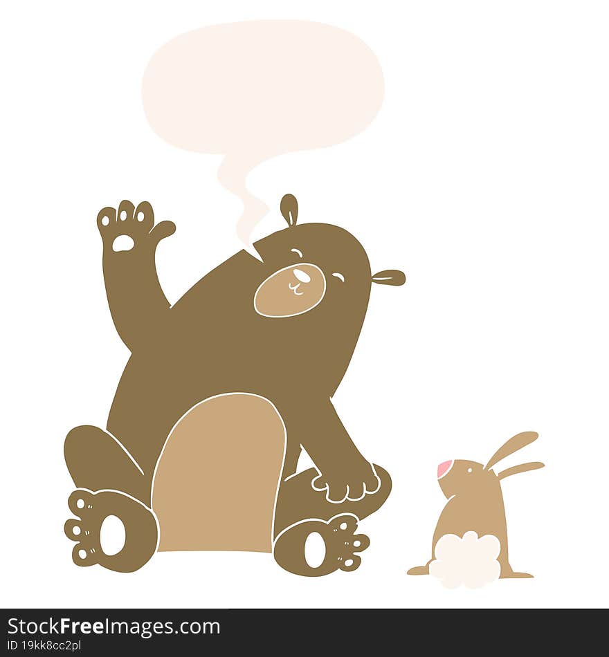 cartoon bear and rabbit friends and speech bubble in retro style