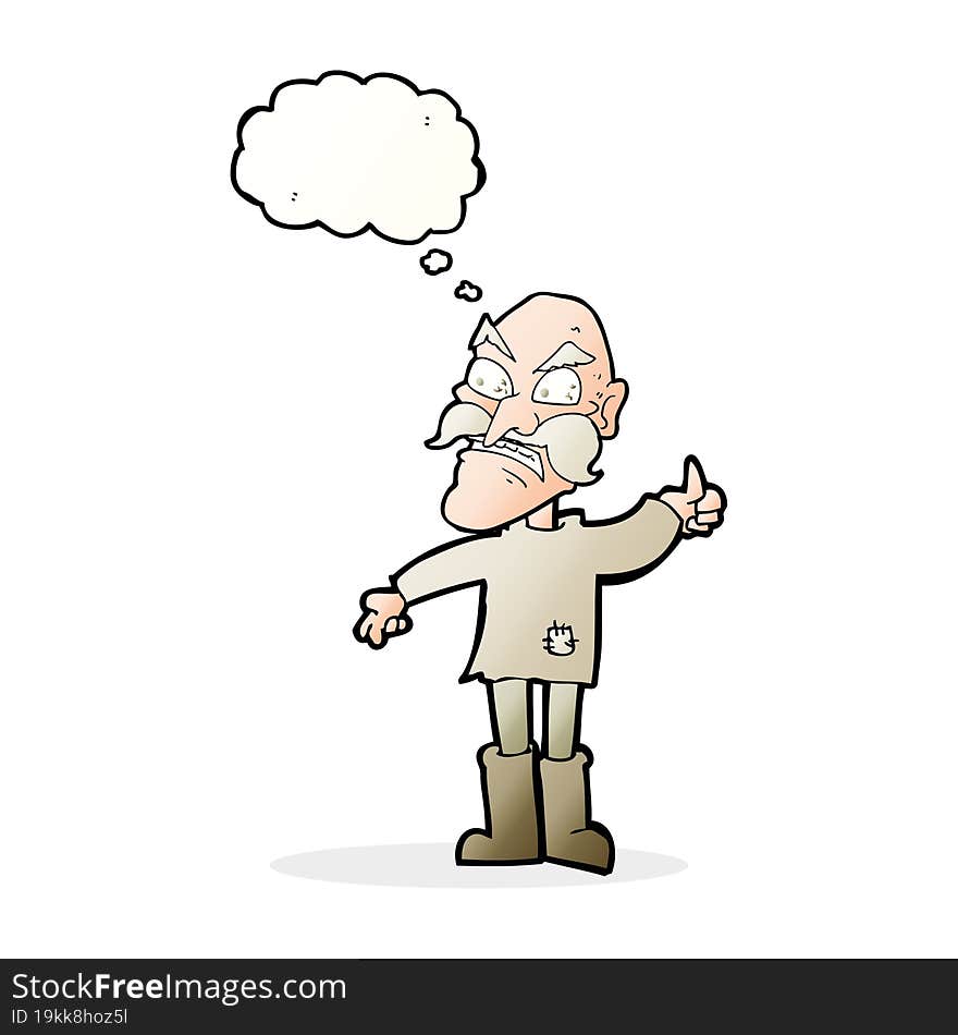 cartoon angry old man in patched clothing with speech bubble