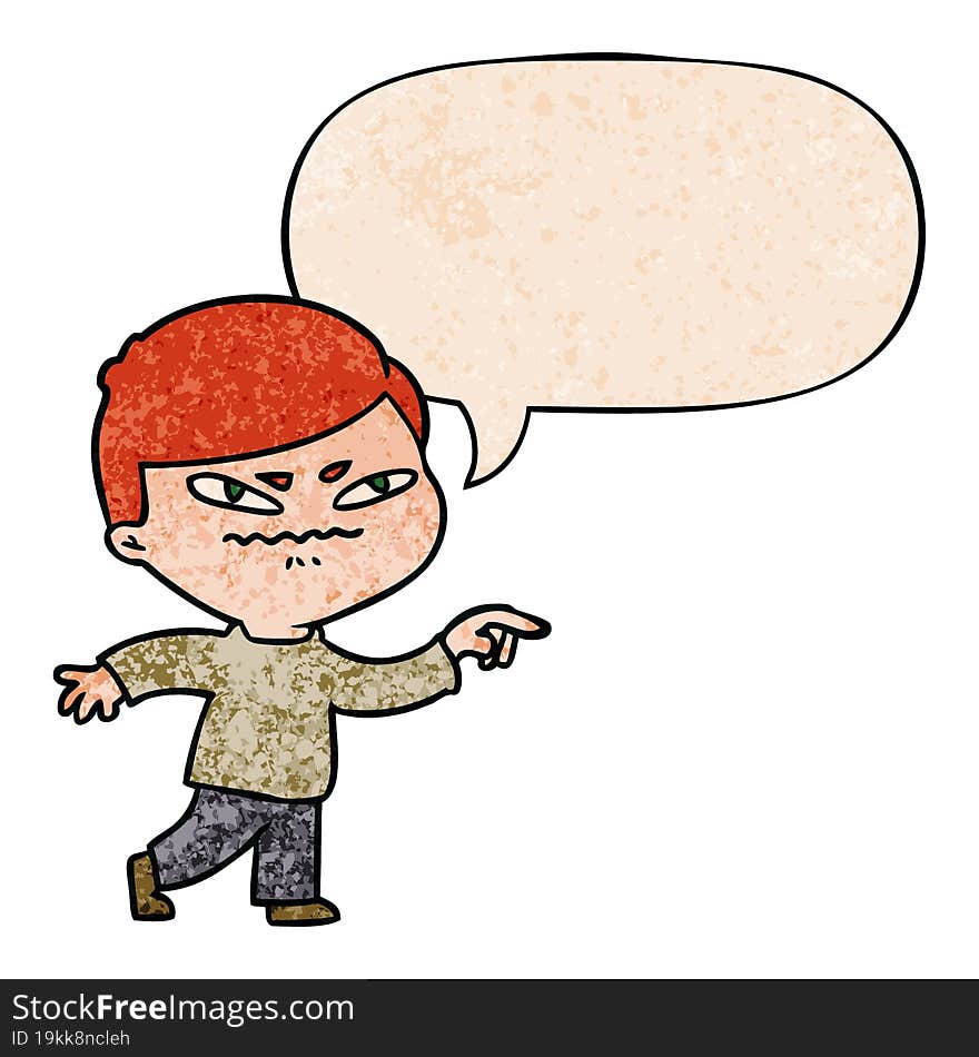 cartoon angry man pointing with speech bubble in retro texture style