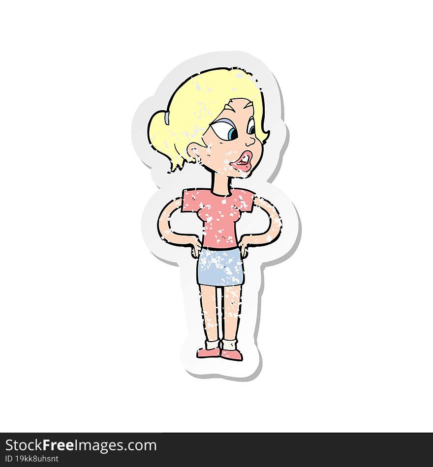 retro distressed sticker of a cartoon woman with hands on hips