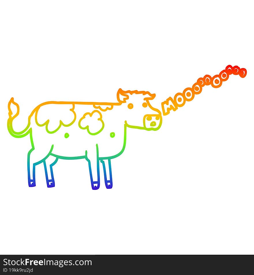 rainbow gradient line drawing of a cartoon cow