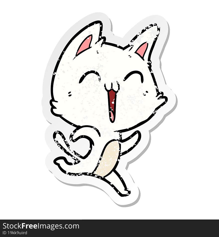 distressed sticker of a happy cartoon cat