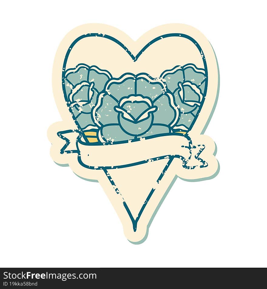 iconic distressed sticker tattoo style image of a heart and banner with flowers. iconic distressed sticker tattoo style image of a heart and banner with flowers