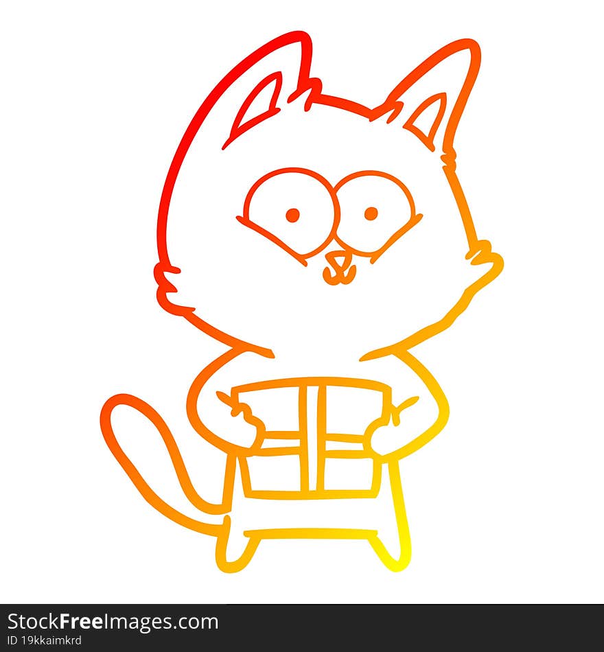 warm gradient line drawing of a cartoon cat holding christmas present