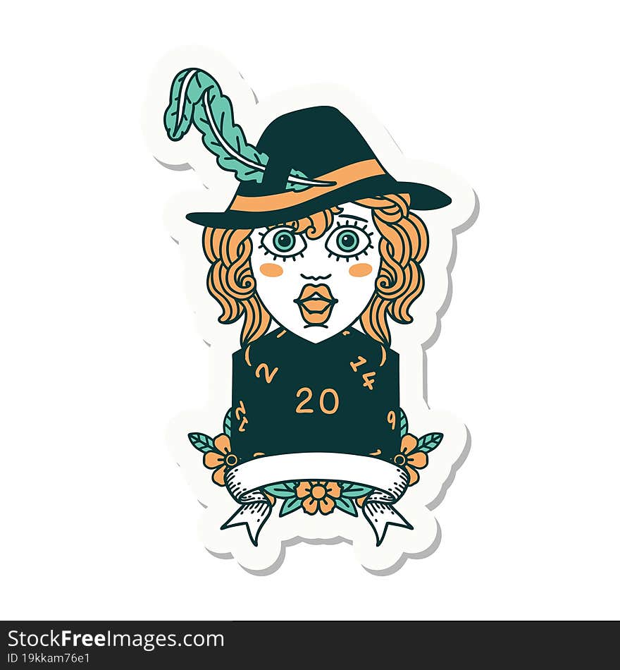 Human Bard Character With Natural 20 Dice Roll Sticker