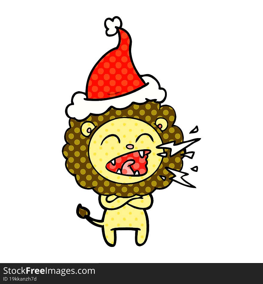 Comic Book Style Illustration Of A Roaring Lion Wearing Santa Hat