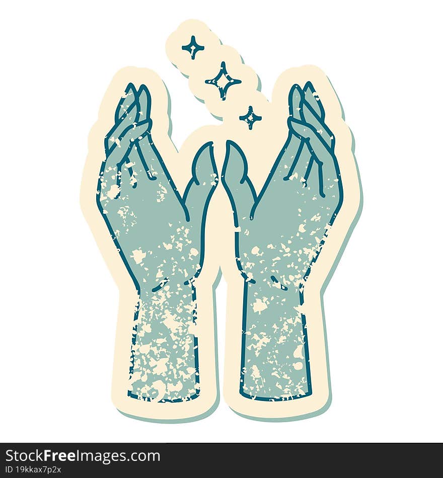 distressed sticker tattoo style icon of mystic hands